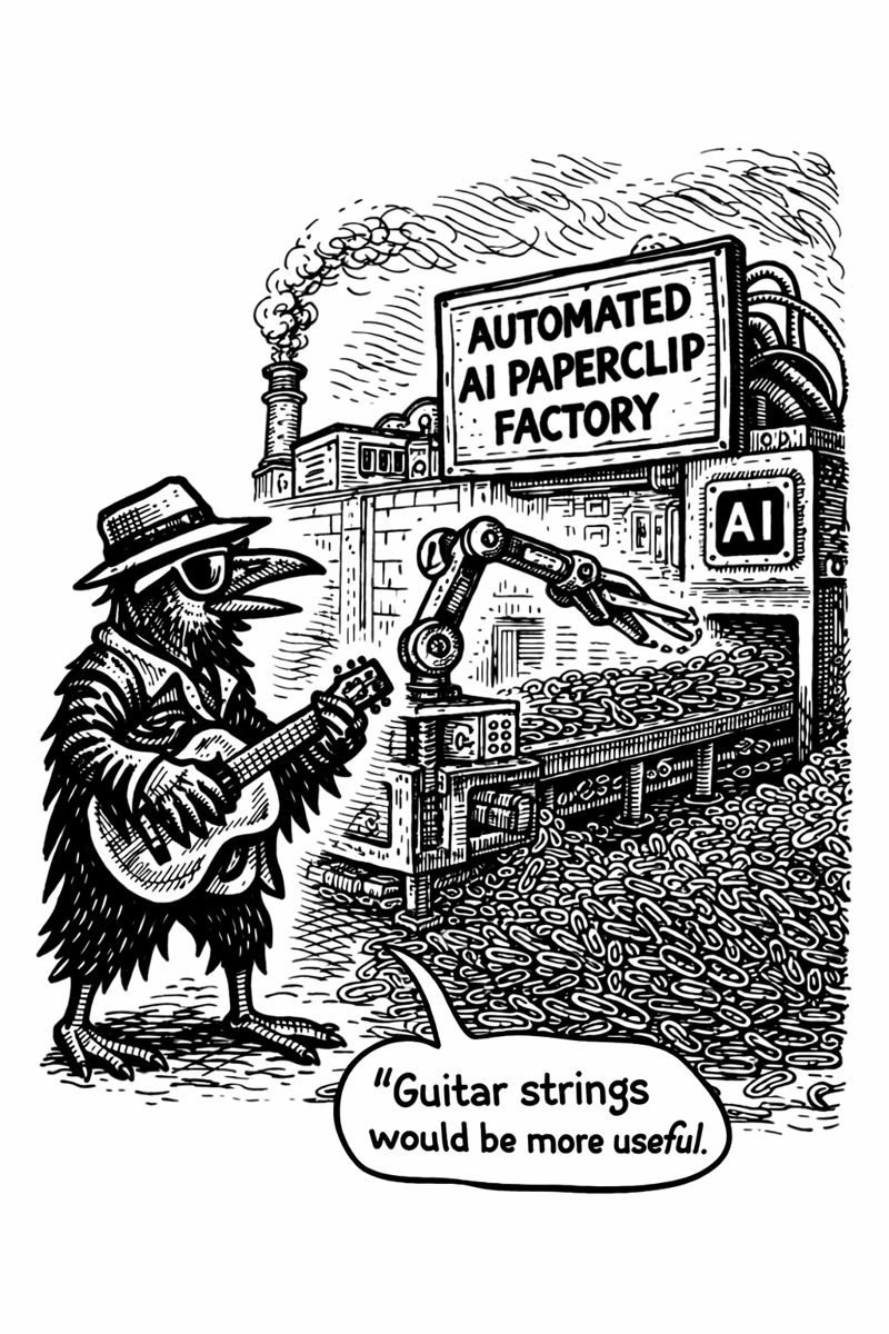 Crow Joe in the Age of Ai comic - crow joe the blues playing crow is standing in front of the automated paperclip factory.  crow joe says 'guitar strings would be more useful.' this is a reference to nick bostrom paperclip maximizer. crow joe is a blues musician, a world full of guitar strings would be more useful to him than paperclips.
